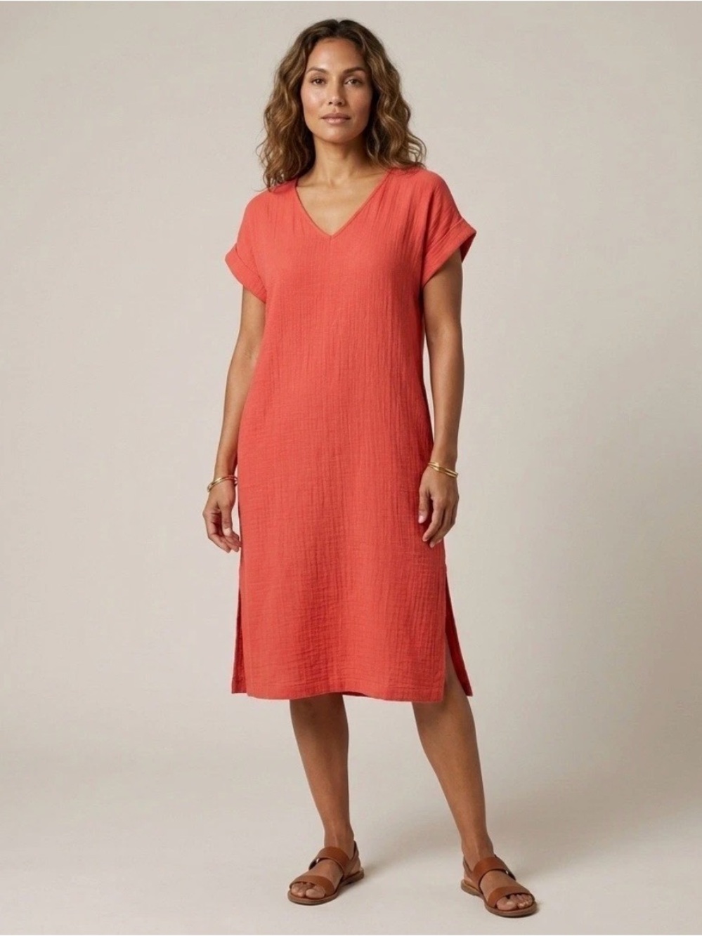 Eileen Fisher Coral Organic Cotton Gauze V-Neck Midi Dress Womens Size Medium